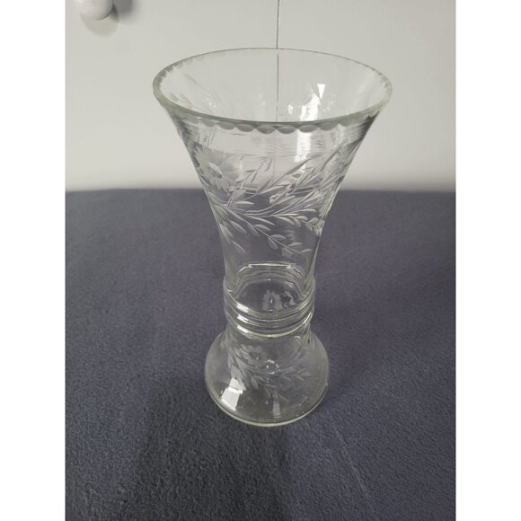 Clear Etched Glass Vase Floral Etched Art Deco Flare Vintage Flare Funnel - Picture 7 of 10